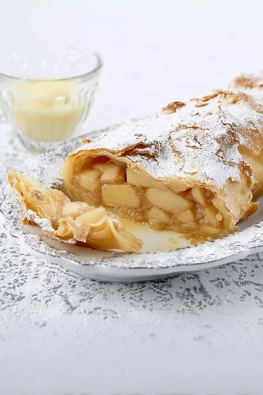 Frisch gebackener Apfelstrudel auf einem Holzbrett mit Apfelscheiben und Zimtstangen.