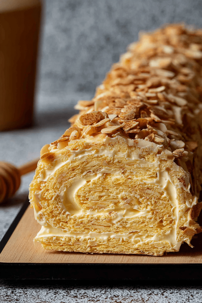 Bienenstich-Biskuitrolle auf einem Tortenständer, garniert mit Mandeln und Sahne.