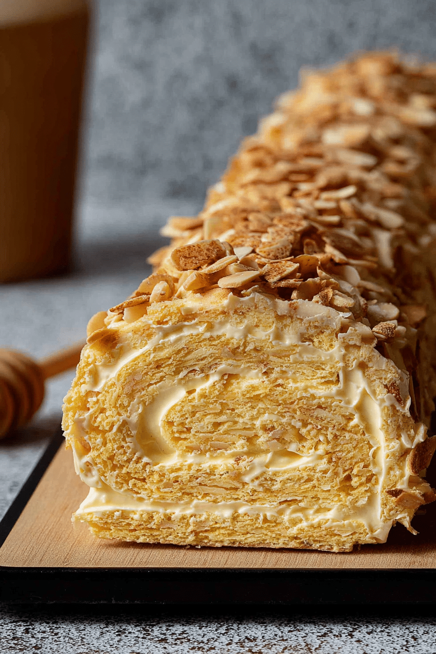 Bienenstich-Biskuitrolle auf einem Tortenständer, garniert mit Mandeln und Sahne.