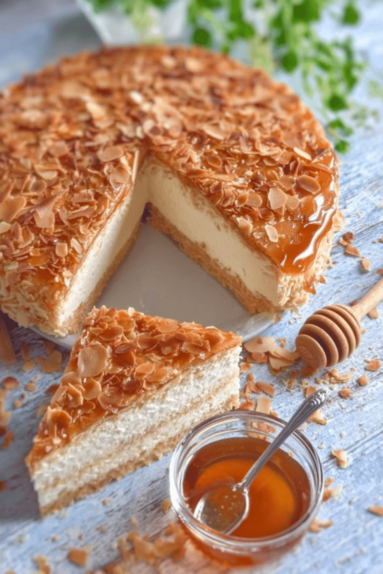 Ein Stück traditionelle Bienenstich-Torte auf einem Vintage-Teller, dekoriert mit frischen Blumen