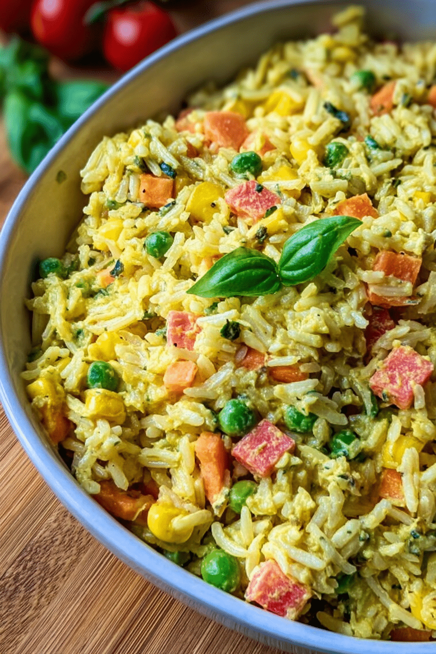 Bunter Reissalat mit Curry, serviert in einer Schüssel mit frischen Zutaten.
