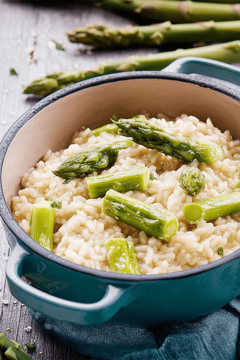 Cremiges Spargelrisotto mit grünem Spargel und frischem Parmesan, perfekt angerichtet in einer weißen Schüssel.
