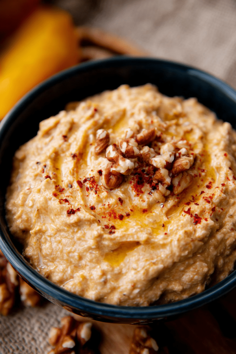 Dattel-Curry-Dip in einer Schüssel, umgeben von Datteln und Gewürzen