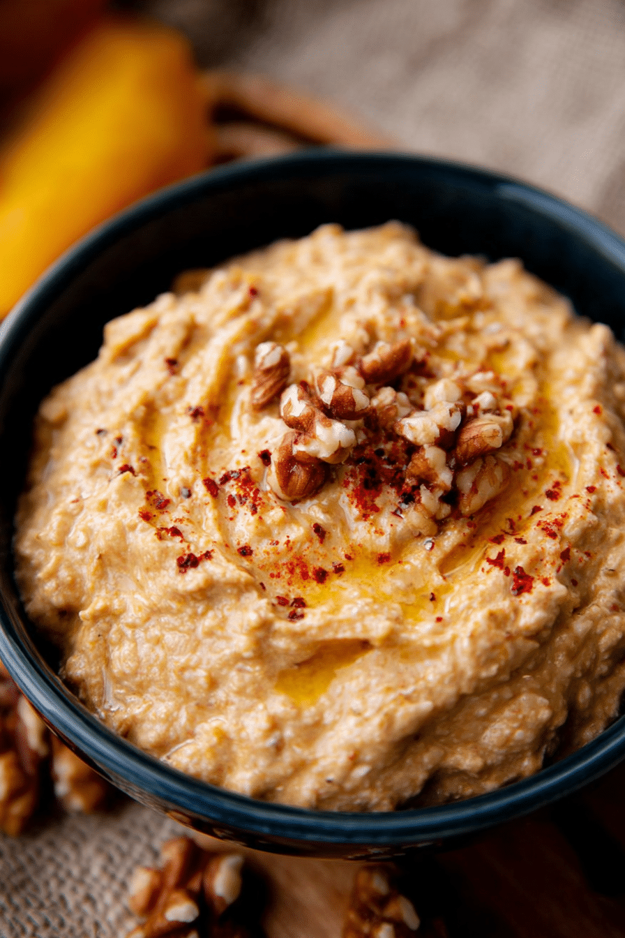 Dattel-Curry-Dip in einer Schüssel, umgeben von Datteln und Gewürzen