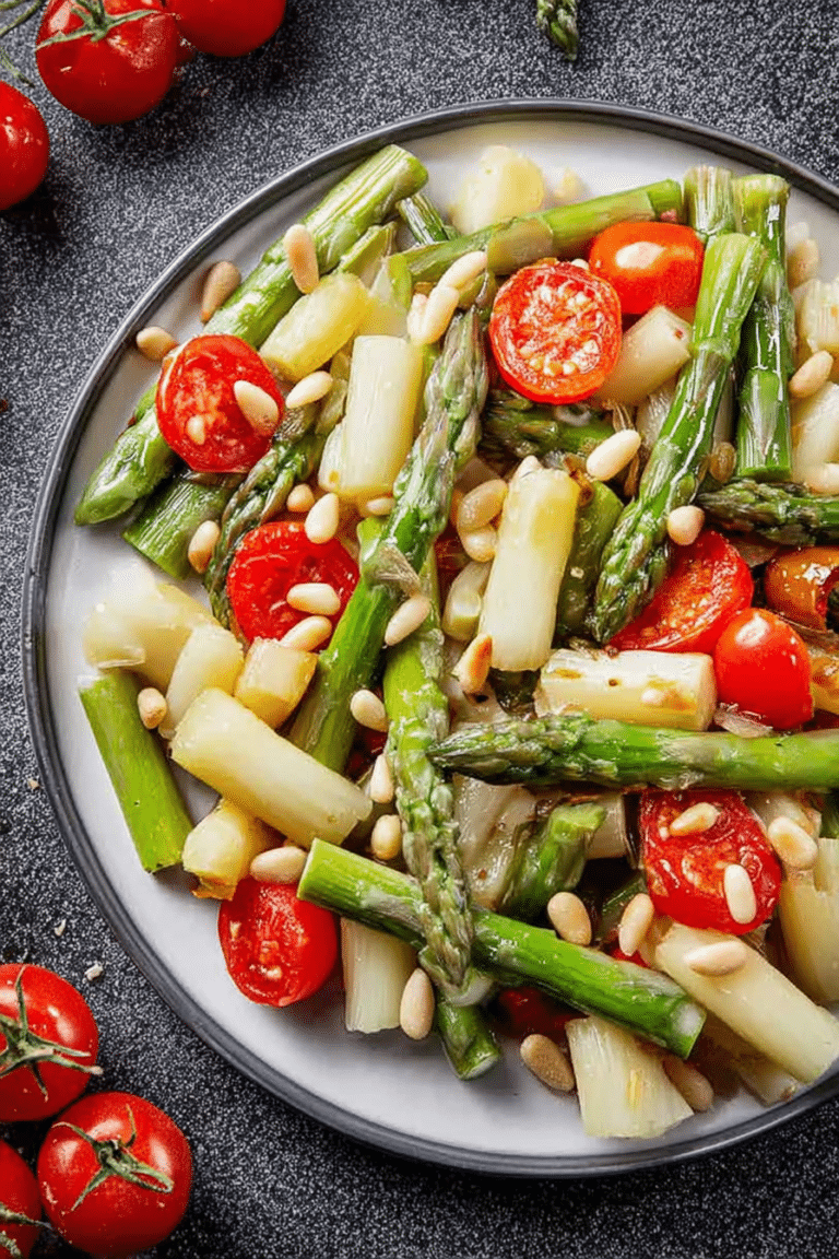 Frischer Spargelsalat mit Tomaten und Pinienkernen auf einem Teller