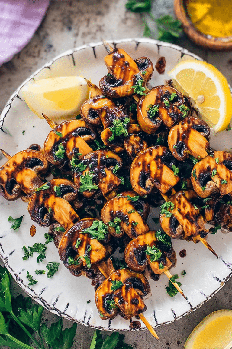 Gegrillte Pilz-Spieße auf dem Grill mit frischen Kräutern und Zitronenscheiben.