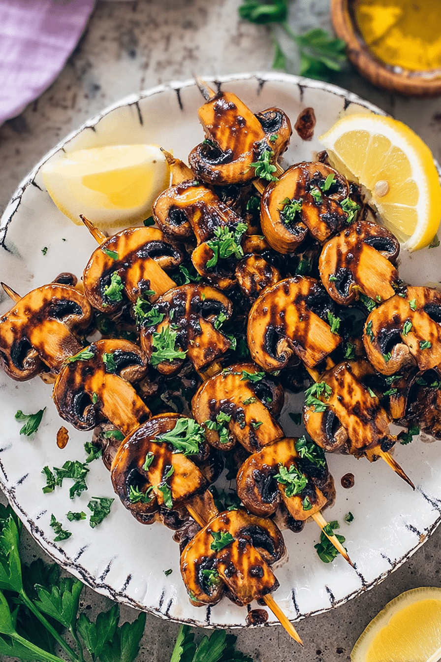Gegrillte Pilz-Spieße auf dem Grill mit frischen Kräutern und Zitronenscheiben.