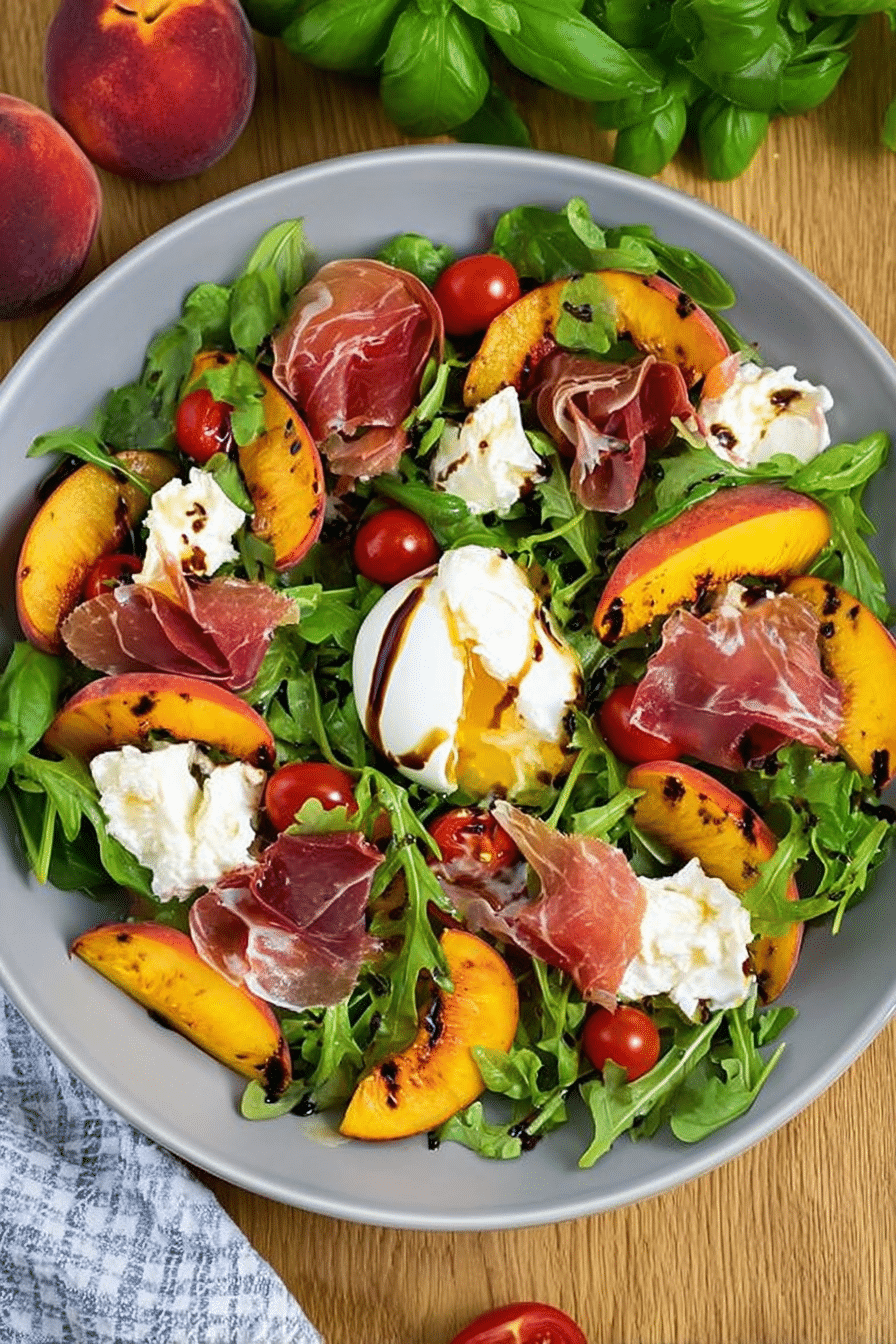 Gegrillter Pfirsichsalat mit Burrata, Kirschtomaten und Serrano Schinken auf einer Servierplatte.