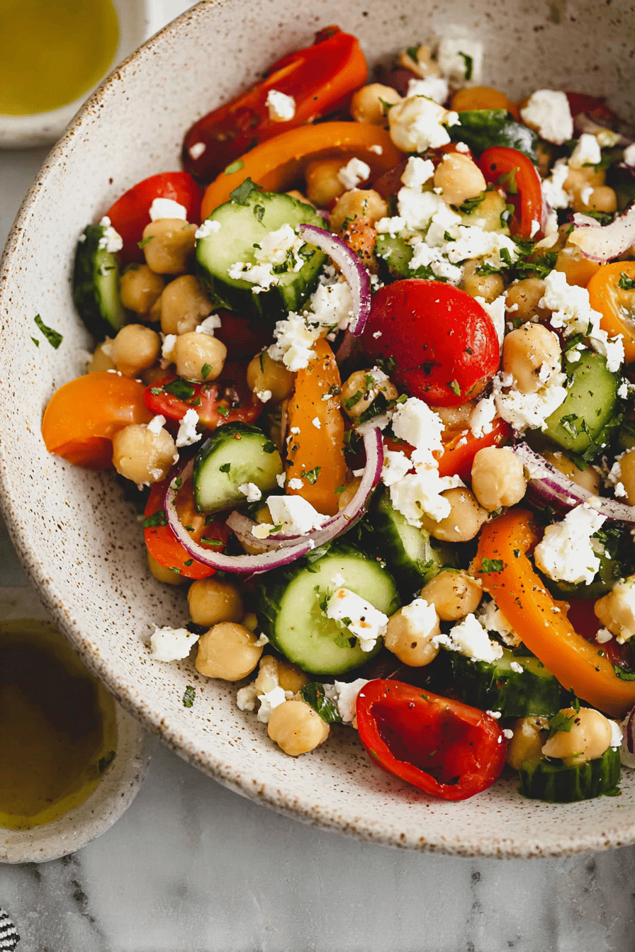 Griechischer Kichererbsensalat mit Feta und frischen Zutaten in einer Schüssel.