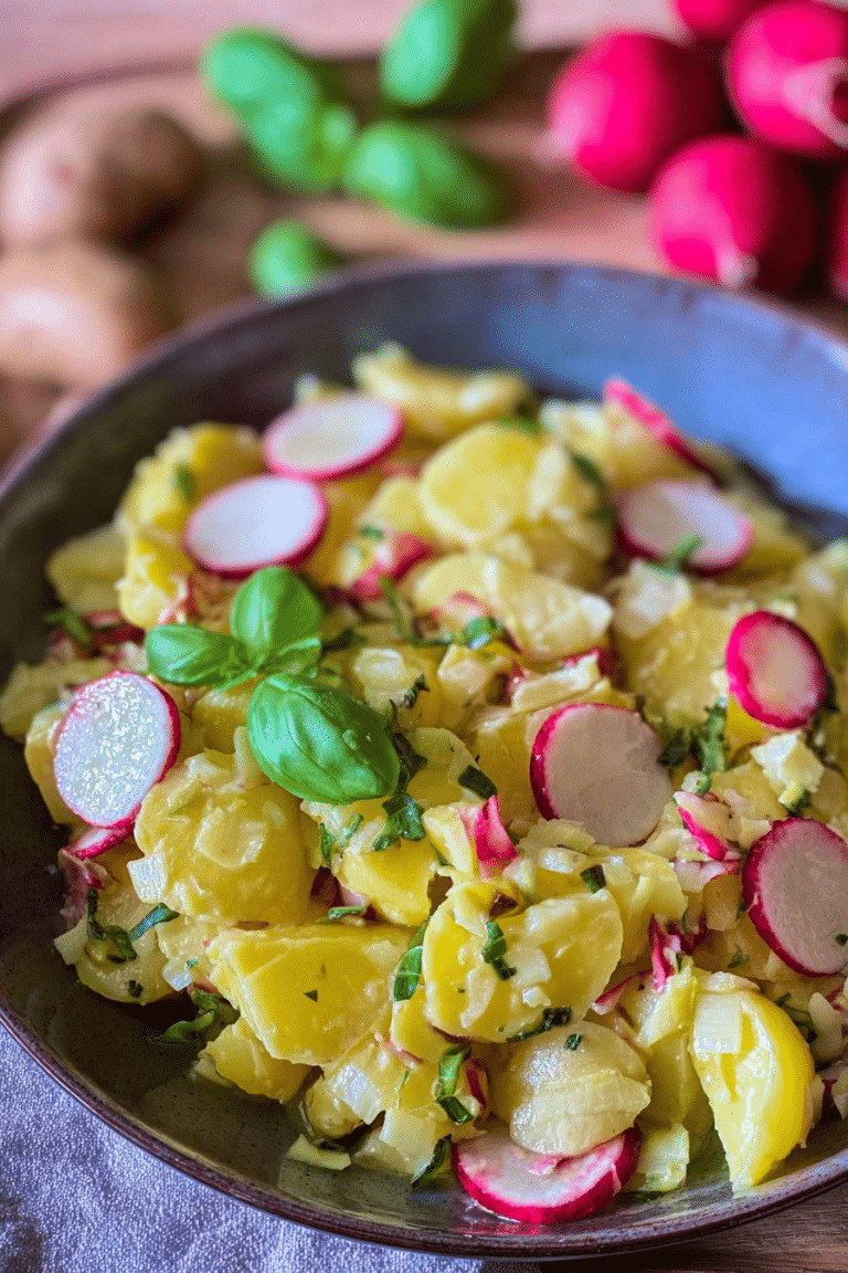 Kartoffelsalat mit Radieschen, Essig, Öl und Brühe auf einem Holzuntergrund serviert.