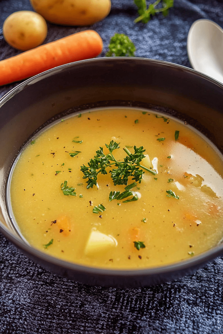 Eine Schüssel Kartoffelsuppe dekoriert mit Petersilie auf einem Holztisch, perfekt für einen winterlichen Abend.