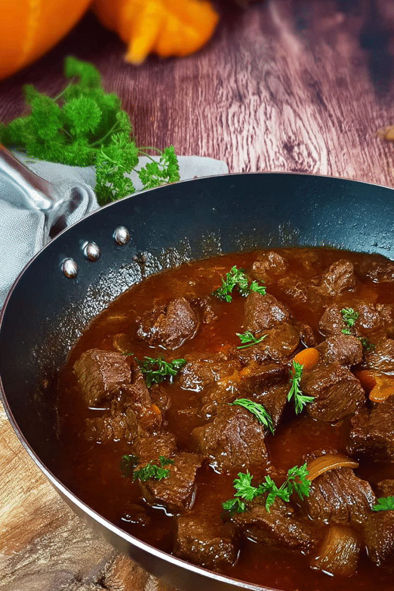 Klassisches Rindergulasch serviert in einem Teller mit frischem Brot und Petersilie.