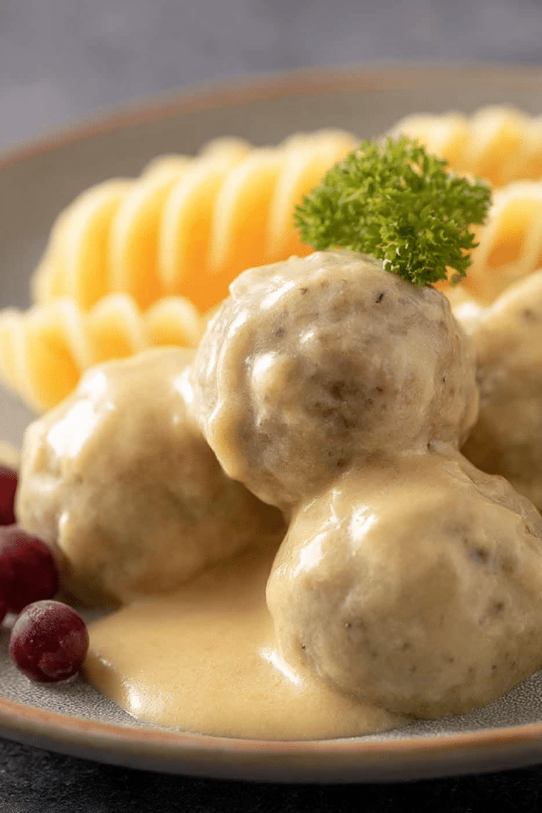 Königsberger Klopse serviert mit Salzkartoffeln und Gewürzgurken auf einem Teller.