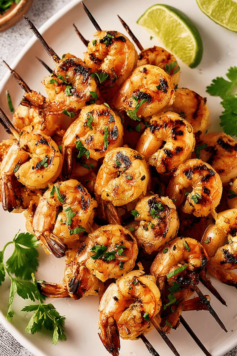 Marinierte gegrillte Garnelen-Spieße auf einem Grill mit Limetten und frischen Kräutern im Hintergrund.