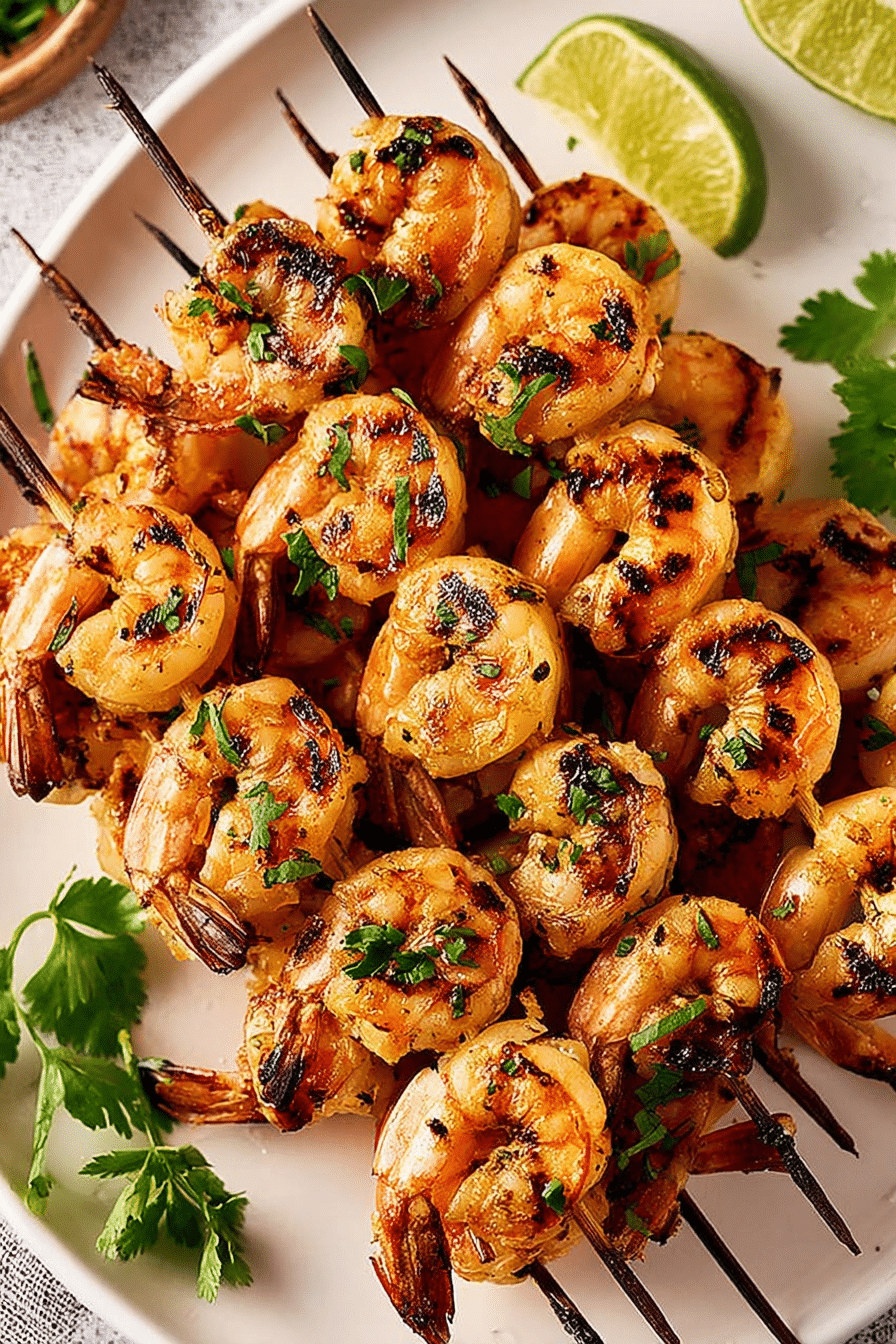 Marinierte gegrillte Garnelen-Spieße auf einem Grill mit Limetten und frischen Kräutern im Hintergrund.