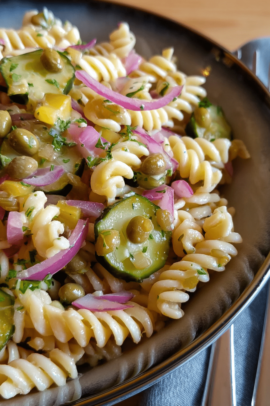 Farbenfroher Nudelsalat ohne Mayonnaise, serviert in einer weißen Schüssel mit frischen Kräutern