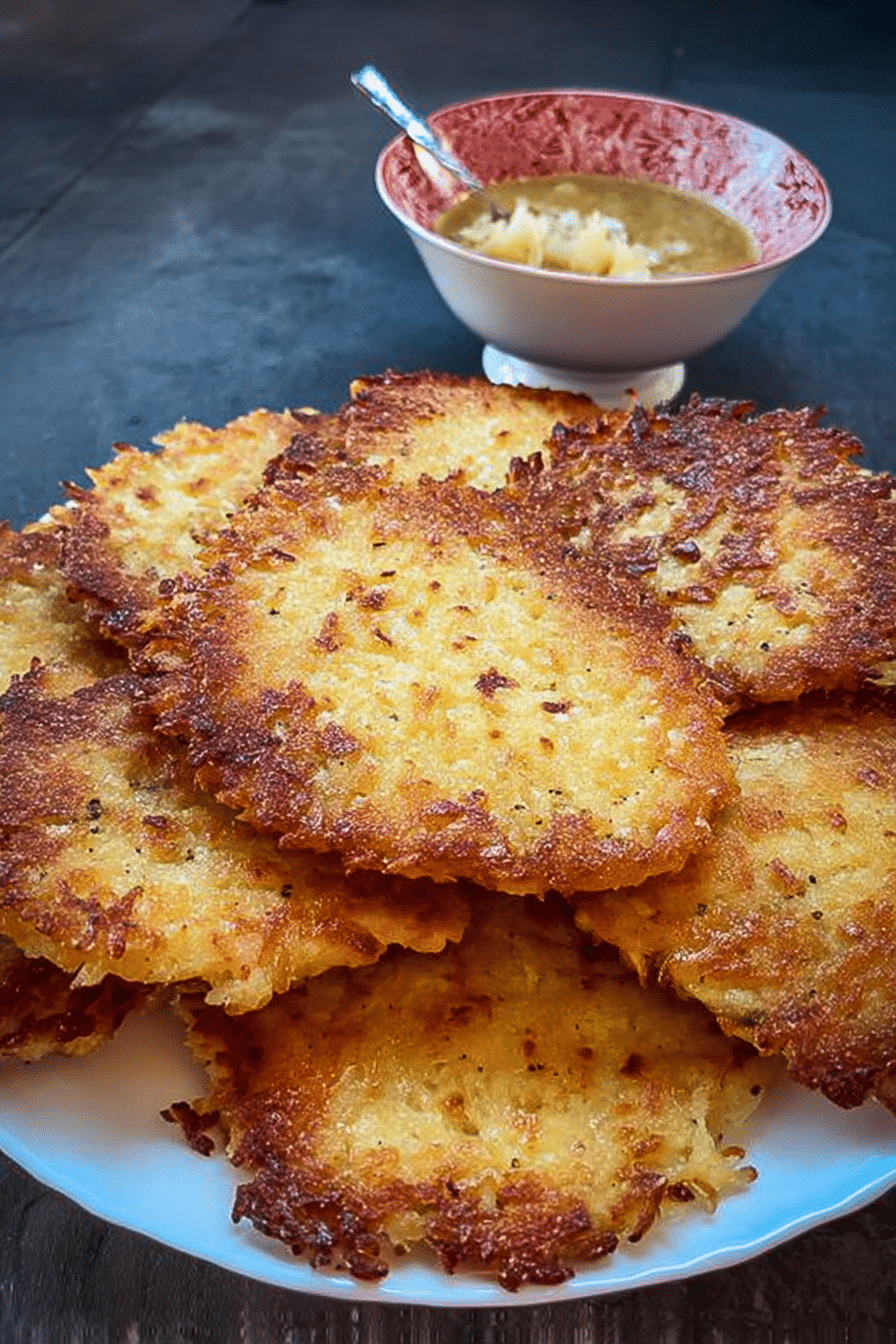 Frisch gebratene Omas Reibekuchen, serviert mit Apfelmus und Obstkompott.
