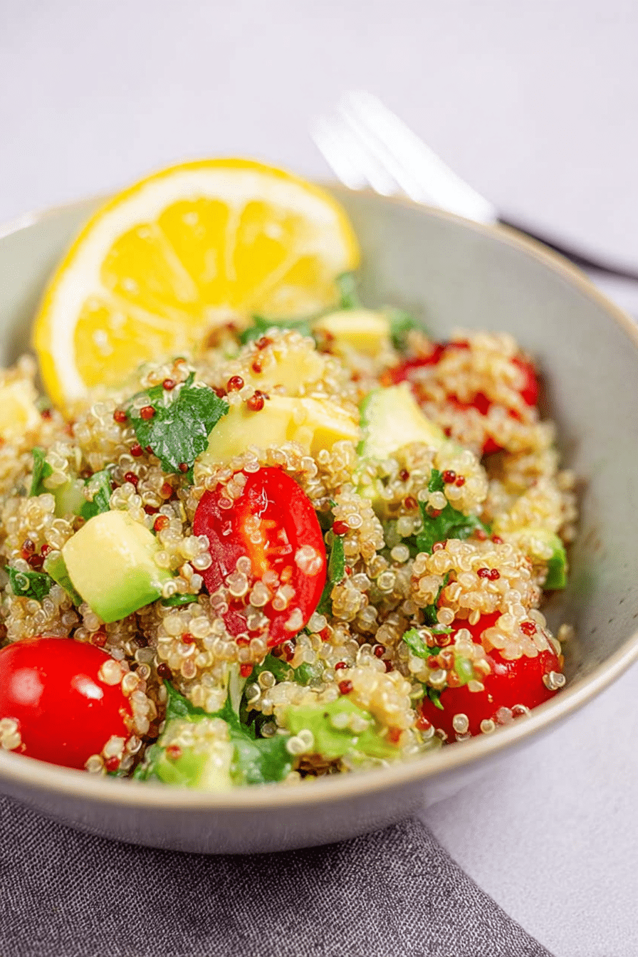 Bunter Quinoa-Salat mit Avocado, Gurke und Tomate in einer Schüssel, dekoriert mit Avocadoscheiben und Zitronenscheiben.
