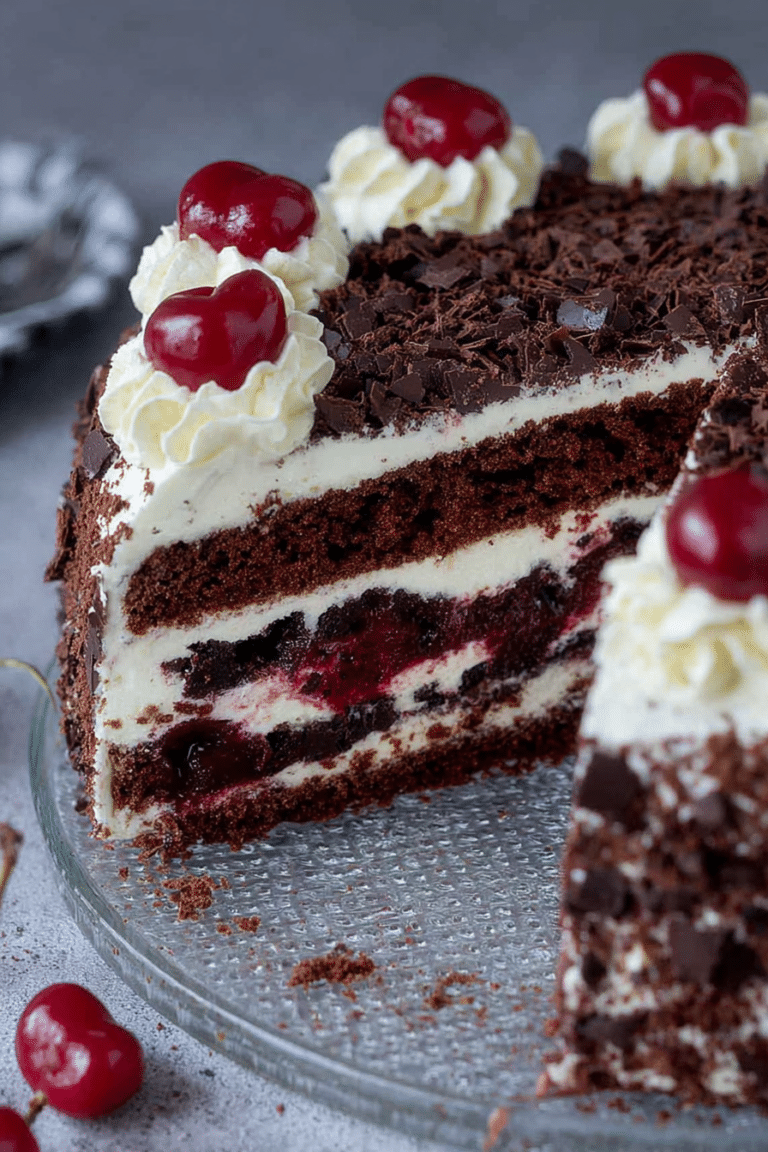Schwarzwälder Kirschtorte mit Kirschen und Schokoladenraspeln auf einem Tortenständer.