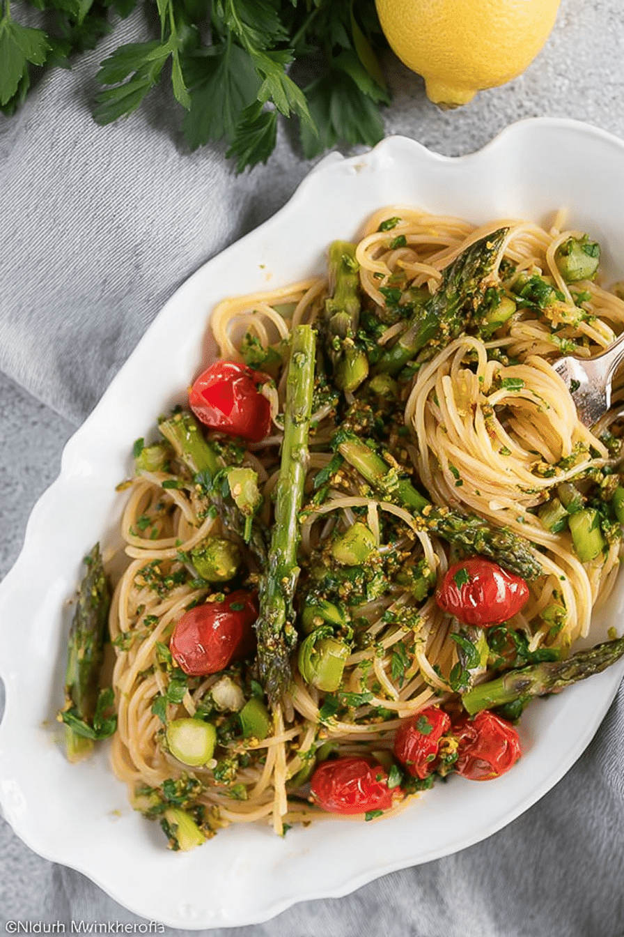 Ein Teller Spaghetti mit grünem Spargel und Gremolata, garniert mit frischen Kräutern und Zitronenscheibe.
