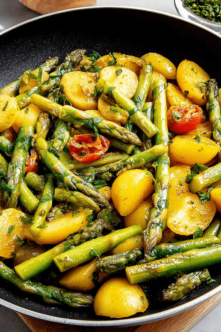 Spargelpfanne mit Kartoffeln, Kirschtomaten und grünem Spargel auf einem Tisch.
