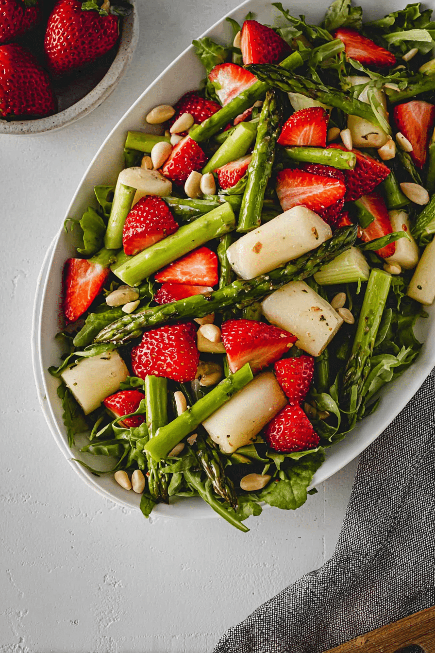 Bunter Spargelsalat mit Erdbeeren, Rucola und Pinienkernen auf einem Tisch, bereit zum Servieren.