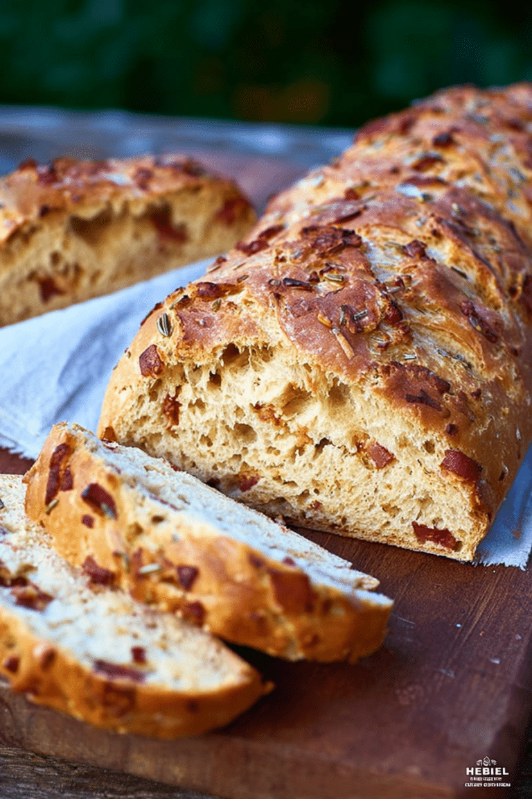 Frisch gebackenes Speck-Zwiebelbrot auf einem rustikalen Holztisch mit Grillutensilien.
