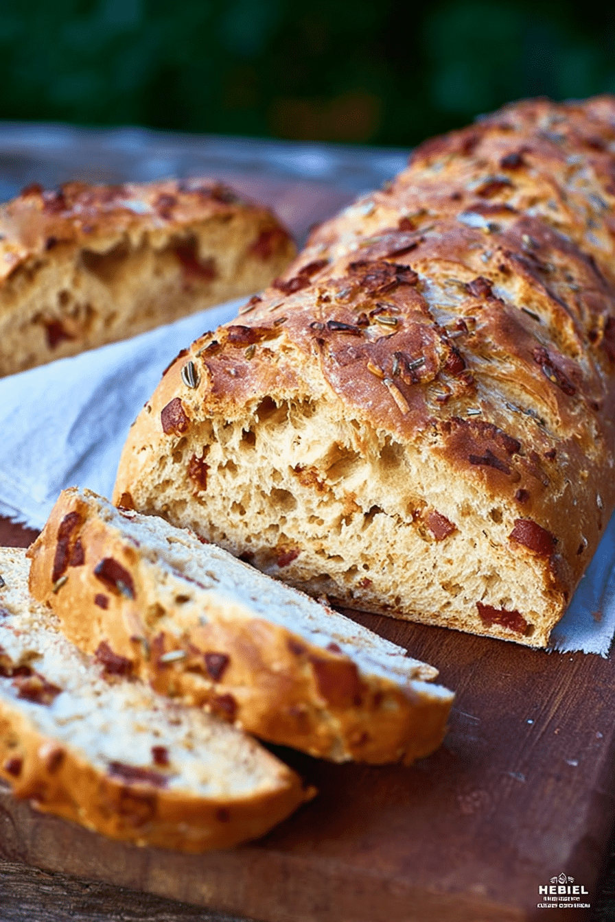 Frisch gebackenes Speck-Zwiebelbrot auf einem rustikalen Holztisch mit Grillutensilien.