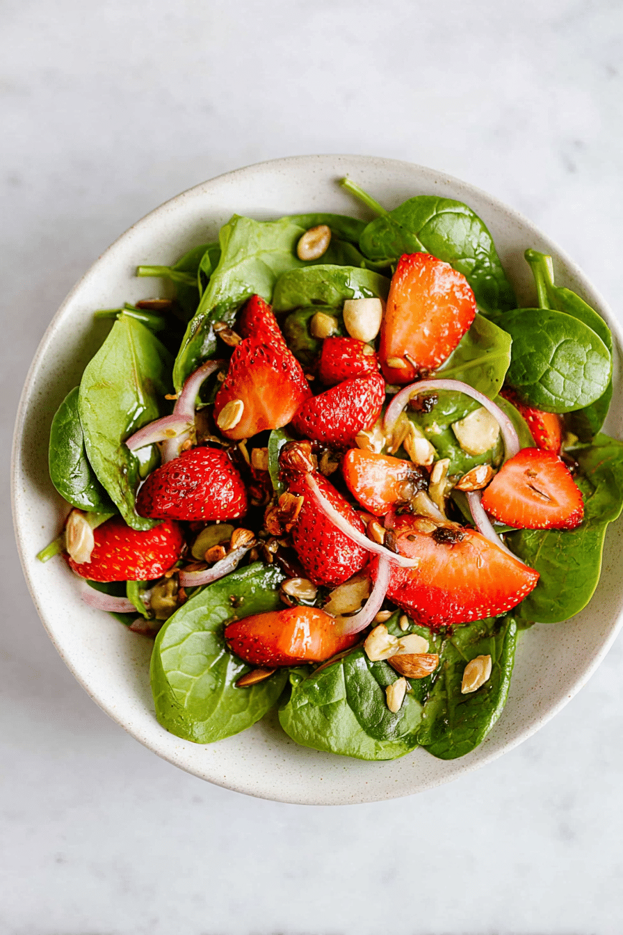 Spinatsalat mit Erdbeeren und Avocado auf einem Holzbrett serviert, umgeben von frischen Zutaten.