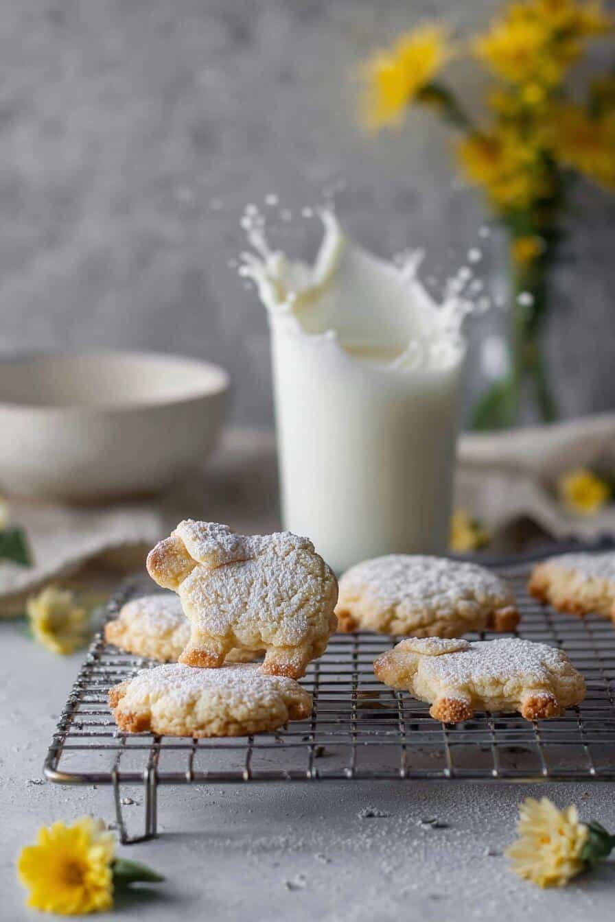 Frisch gebackene Streusel Schäfchen auf einem Holzbrett mit Puderzucker bestäubt.
