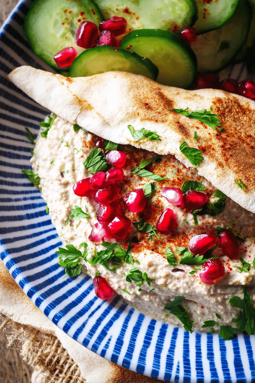 Leckeres Baba Ganoush auf einem Teller mit Granatapfelkernen und Petersilie, serviert mit Fladenbrot.