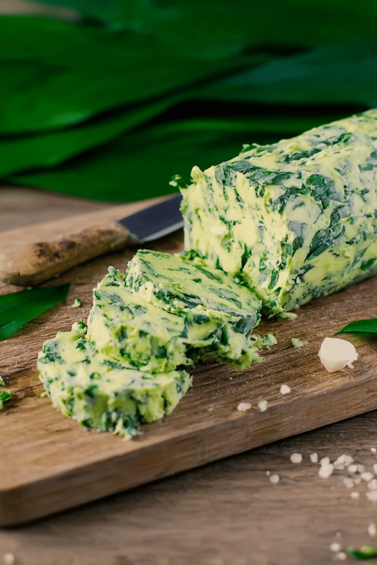 Bärlauch Butter serviert auf einem Holzbrett, umgeben von frischem Bärlauch und Baguette, perfekt für Grillpartys.