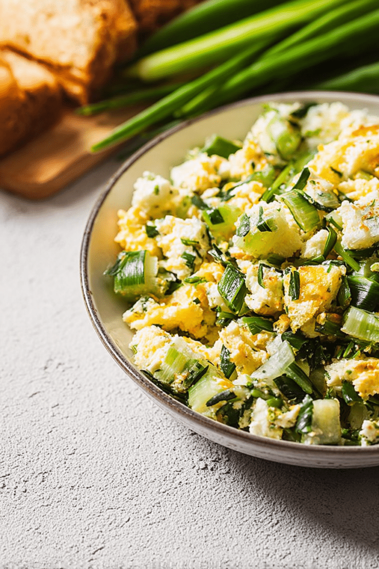 Bärlauch-Eiersalat serviert in einer Schüssel mit frischen Bärlauchblättern und Brot.