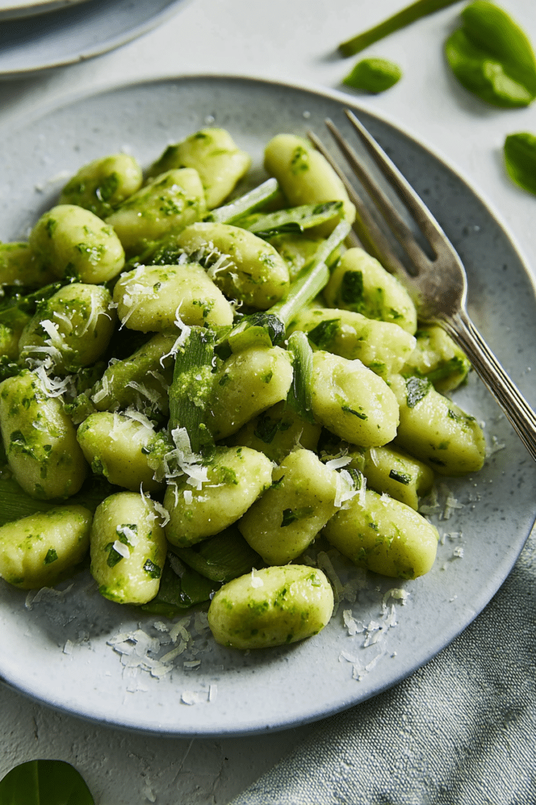 Bärlauch-Gnocchi mit frischem Bärlauch und Käsespänen auf einem weißen Teller.