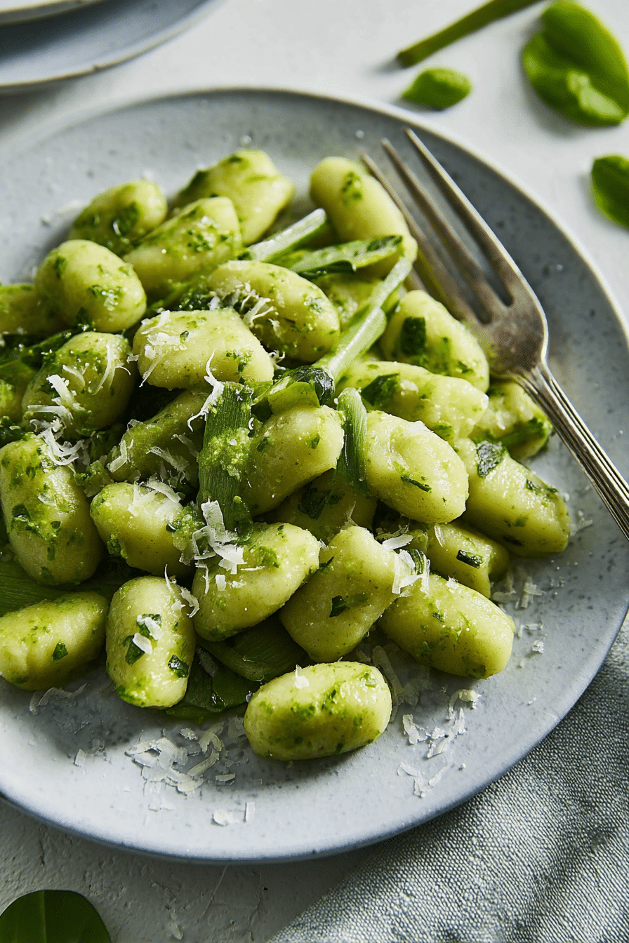 Bärlauch-Gnocchi mit frischem Bärlauch und Käsespänen auf einem weißen Teller.