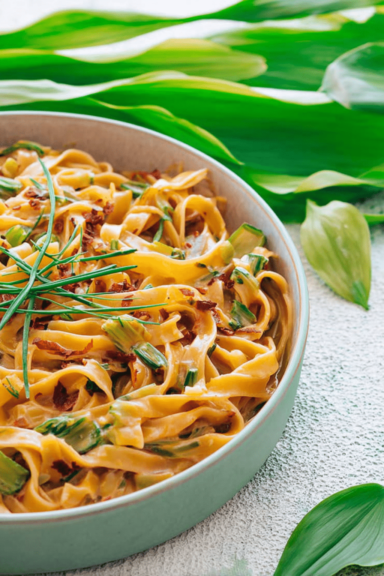 Frisch zubereitete Bärlauch-Nudeln mit Bärlauch und Parmesan in einer Schüssel.
