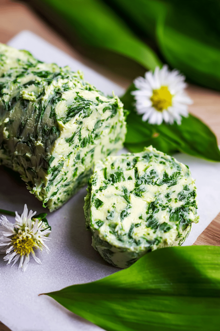 Selbstgemachte Bärlauchbutter auf Holzbrett, umgeben von frischem Bärlauch und einer Zitrone.