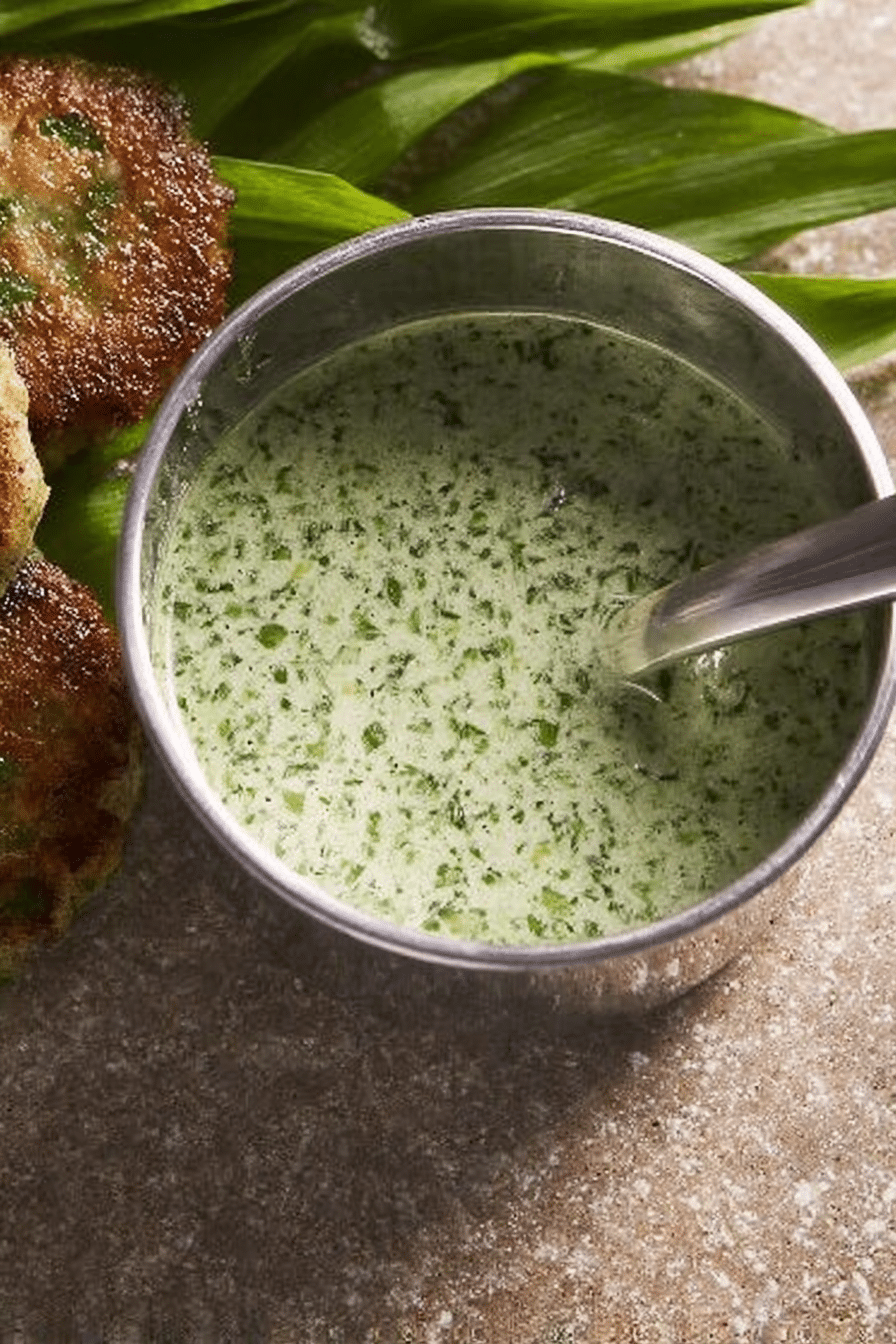 Frisch zubereitete Bärlauchsauce mit Bärlauch und Weißwein auf einem rustikalen Holzuntergrund.