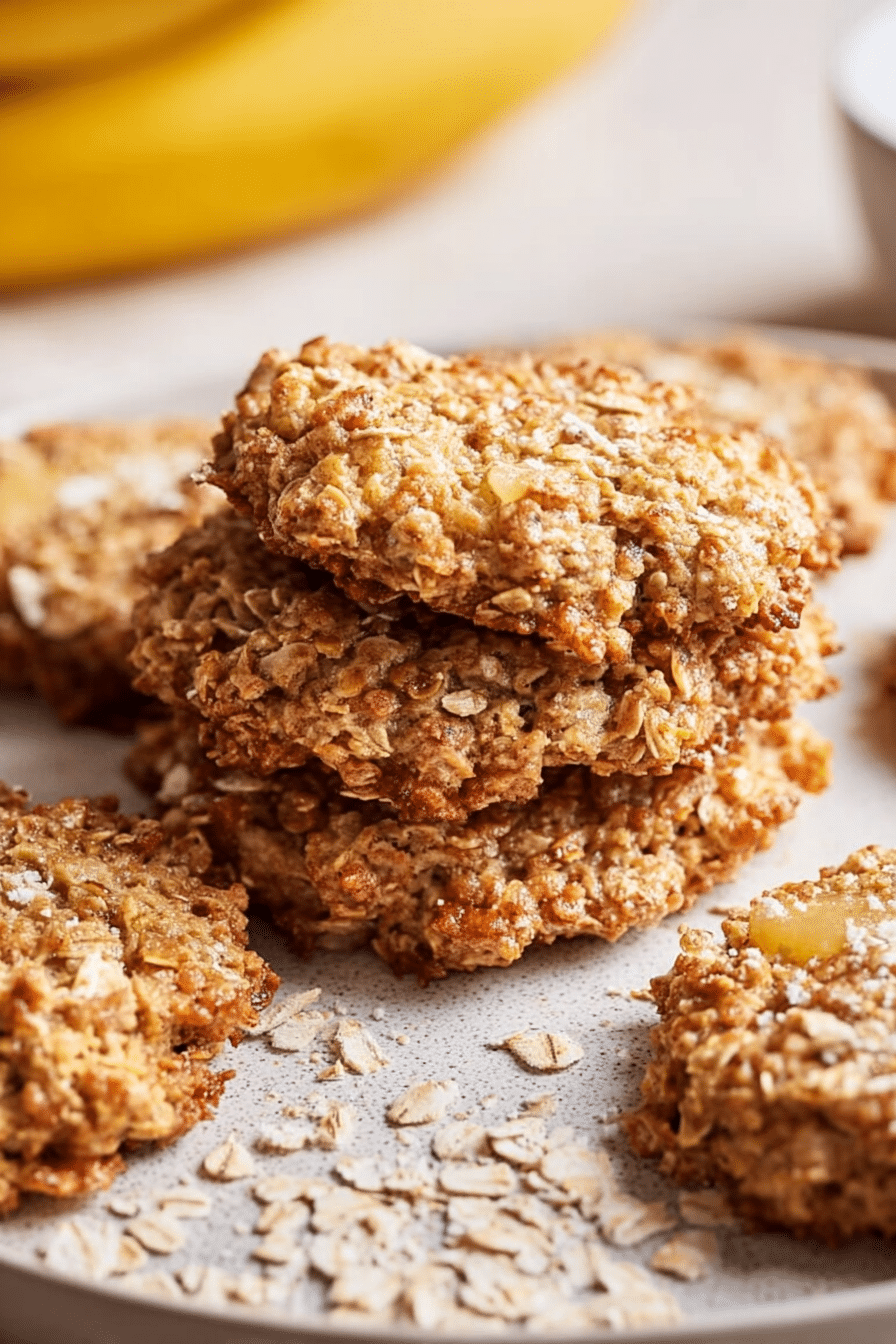 Frisch gebackene Bananen-Haferflocken-Kekse auf einem Teller, dekoriert mit frischen Bananen und Haferflocken.