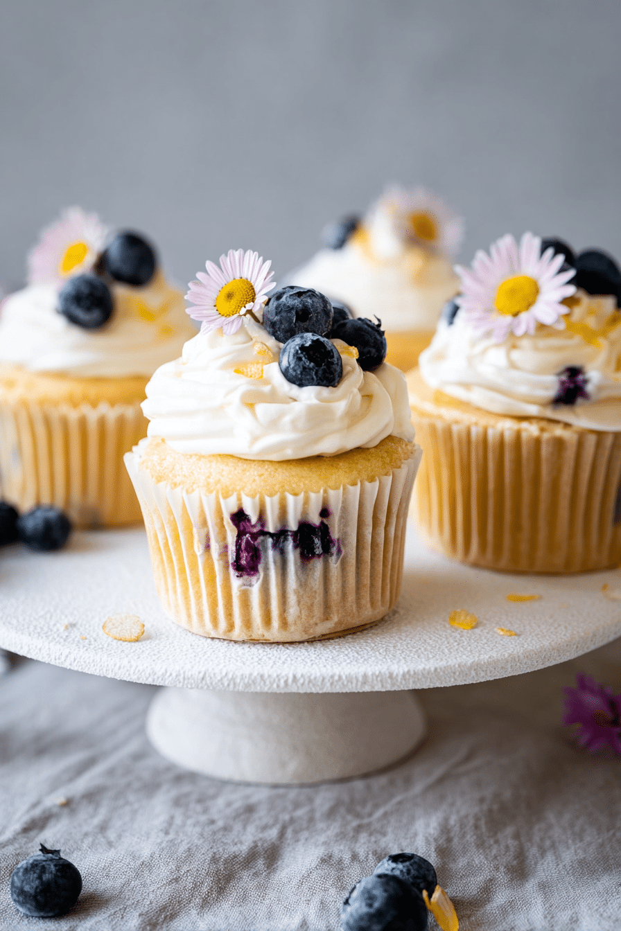 Frisch gebackene Blaubeer Cupcakes mit cremigem Frischkäse Frosting, dekoriert mit getrockneten Blüten und frischen Blaubeeren.
