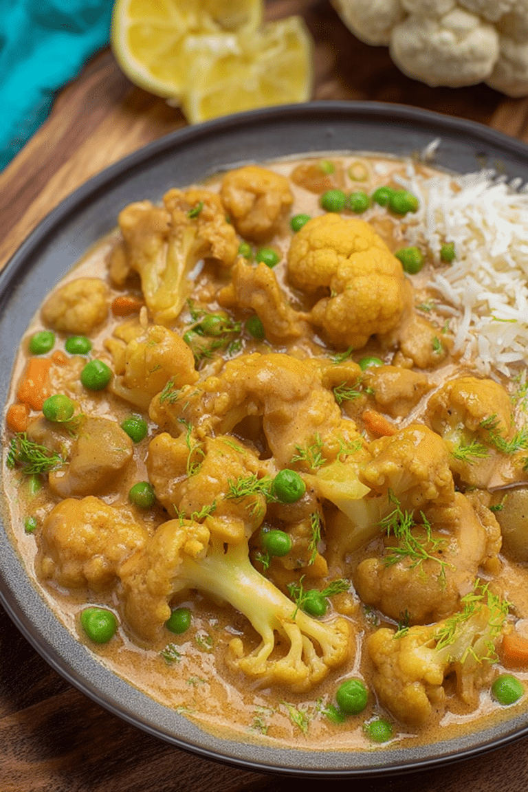 Schüssel mit Blumenkohl-Curry, dekoriert mit frischen Zutaten und Gewürzen.