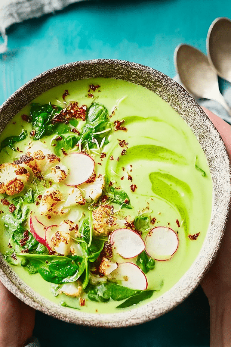 Blumenkohl-Kokos-Suppe mit Spinat, Radieschen und Kresse in einer Schüssel serviert.