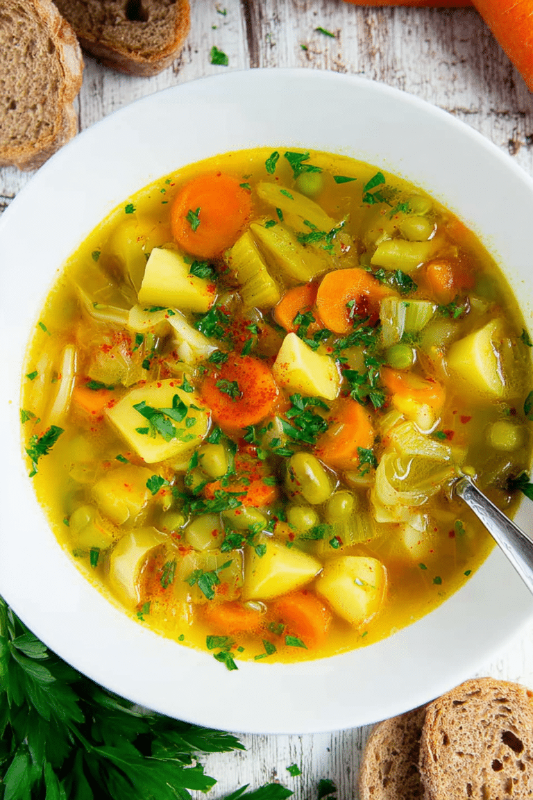 Bunte Gemüsesuppe in einer Schüssel, garniert mit Petersilie und frischem Gemüse.