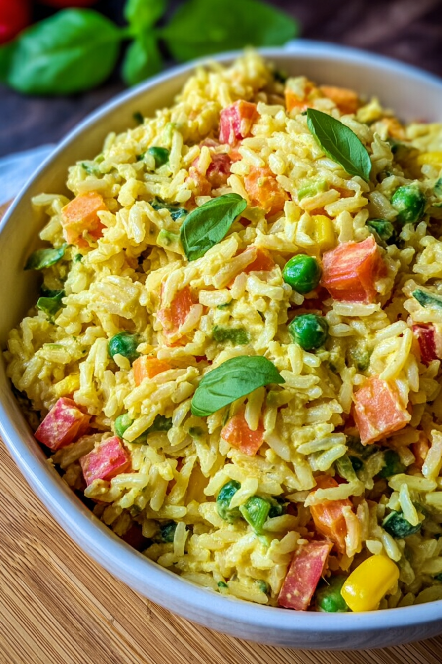 Bunter Reissalat mit Curry in einer Schüssel, umgeben von frischen Zutaten wie Paprika und Erbsen.