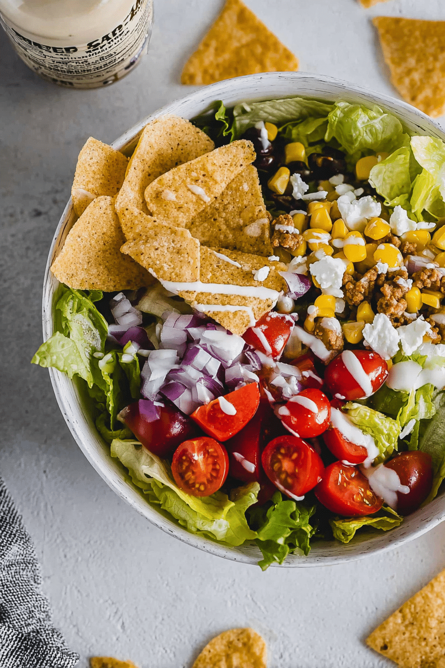 Bunter vegetarischer Taco Salat mit frischem Gemüse und Tortilla Chips in einer großen Schüssel.