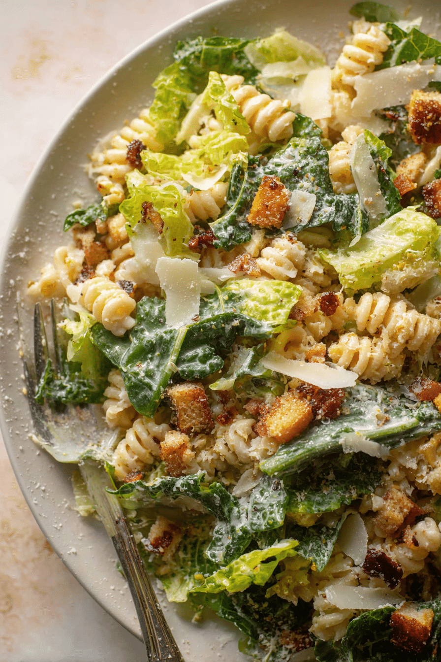 Leckerer Caesar Pasta Salat mit frischem Römersalat, knusprigen Croutons und geriebenem Parmesan auf einem Holztisch.