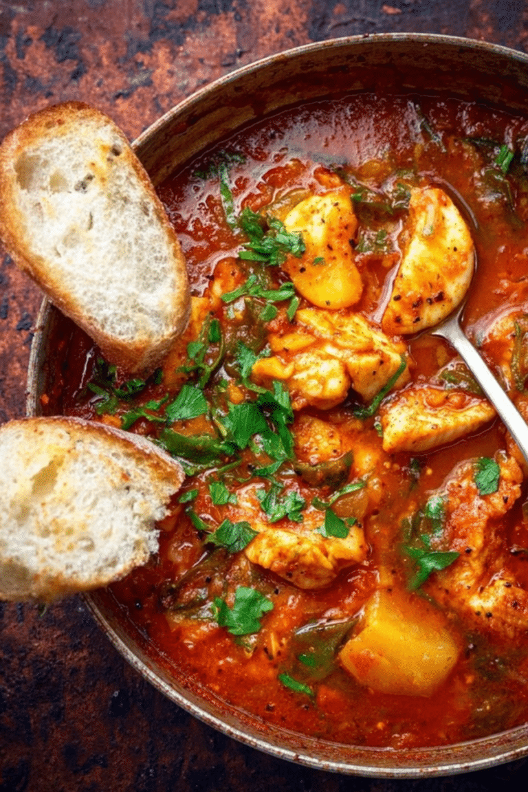 Portugiesischer Fischeintopf Caldeirada mit Kartoffeln und frischen Kräutern serviert in einer Schüssel.