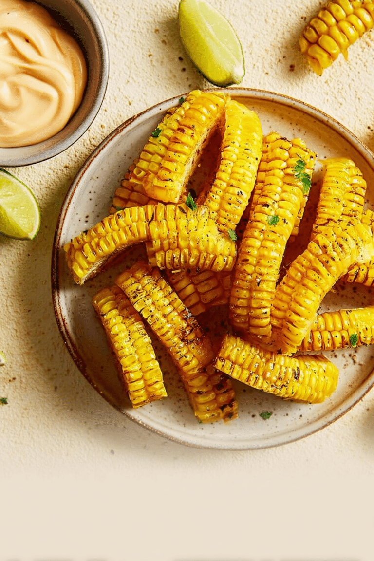 Goldbraune Corn Ribs auf einem Teller mit Koriander und cremigem Dip