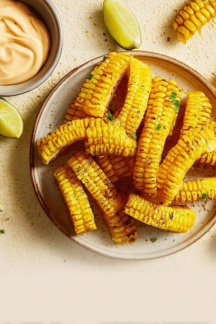 Goldbraune Corn Ribs auf einem Teller mit Koriander und cremigem Dip