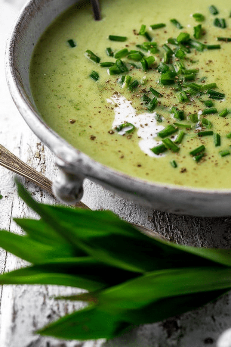 Cremige Bärlauch Suppe in einer Schale mit frischen Bärlauchblättern und einem Spritzer Sahne.